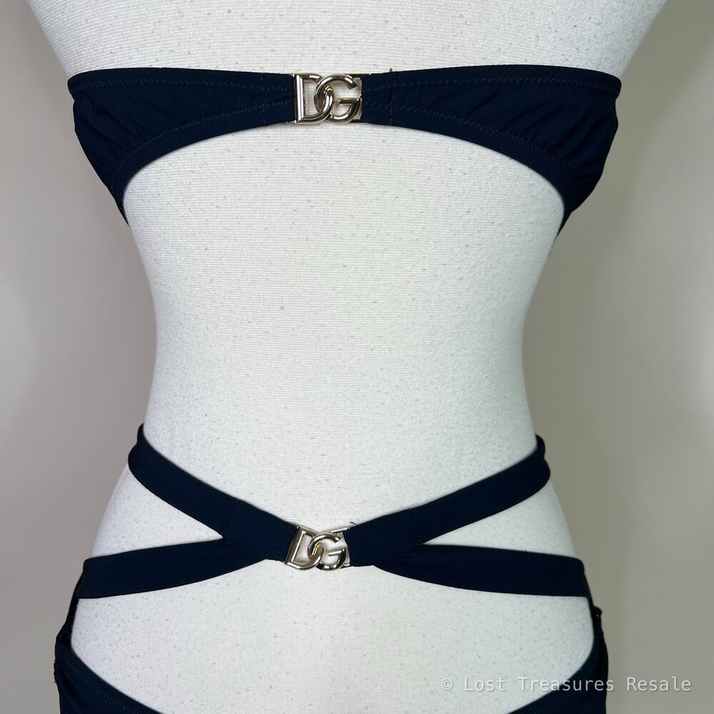 Dolce & Gabbana | Strappy Gold Logo Black Bandeau Designer One Piece Swimsuit M - Picture 10 of 13